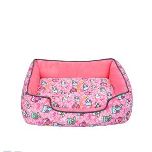 producto cama rectangular con diseno rosado buhos