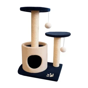 Rascador Torre con Casita y 2 Pelotitas Colgantes (Crema/Azul)